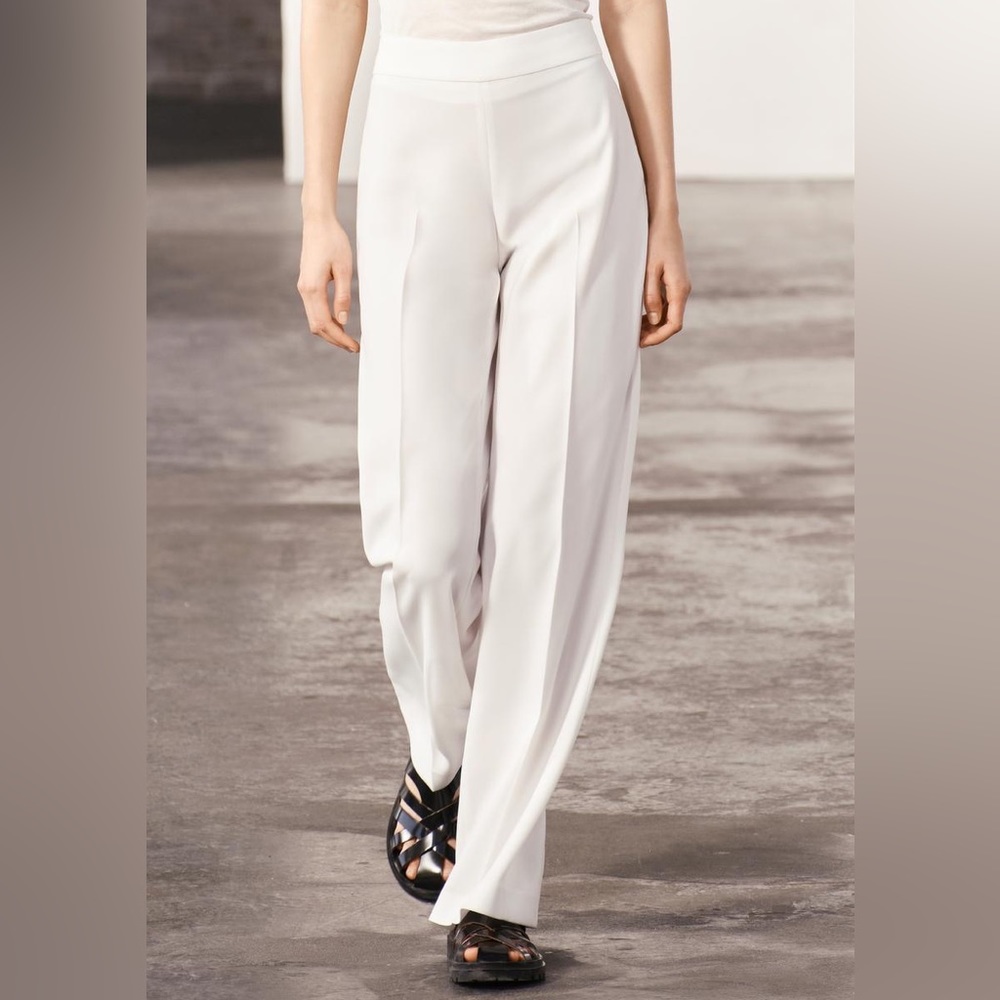 Zara NWT White Lightweight Casual Relaxed Fit Business Casual Pants Slacks Sz L - Picture 2 of 9